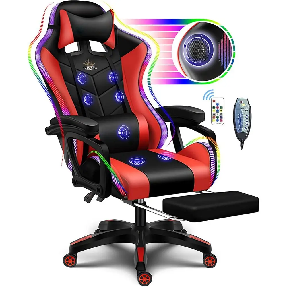 Massage - Ergonomischer Gaming-Stuhl mit hoher Rückenlehne, LED-RGB-Beleuchtung,