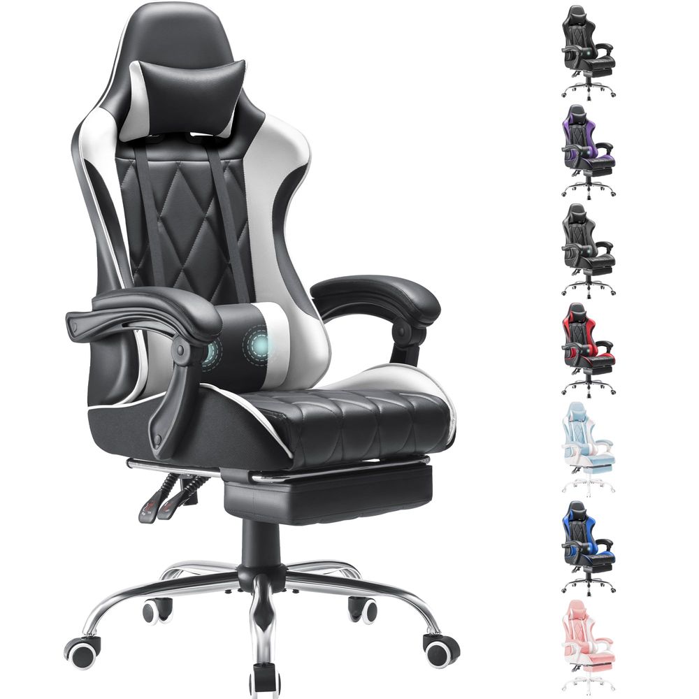 Massage - Gaming-Stuhl, Computerstuhl mit Fußstütze und Massage-Lendenwirbelstütze,